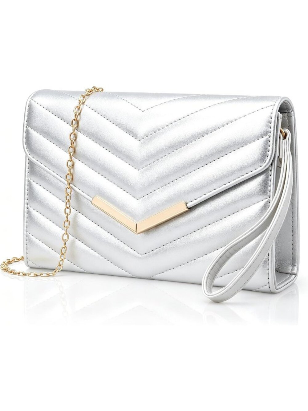 Women's Silver Leather Quilted Clutch Purse Envelope Chain Strap Evening Handbag